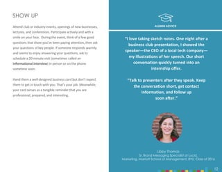 12
SHOW UP
Attend club or industry events, openings of new businesses,
lectures, and conferences. Participate actively and with a
smile on your face. During the event, think of a few good
questions that show you’ve been paying attention, then ask
your questions of key people. If someone responds warmly
and seems to enjoy answering your questions, ask to
schedule a 20-minute visit (sometimes called an
informational interview) in person or on the phone
sometime soon.
Hand them a well-designed business card but don’t expect
them to get in touch with you. That’s your job. Meanwhile,
your card serves as a tangible reminder that you are
professional, prepared, and interesting.
ALUMNI ADVICE
Libby Thomas
Sr. Brand Messaging Specialist at Lucid,
Marketing, Marriott School of Management, BYU, Class of 2016
12
“I love taking sketch notes. One night after a
business club presentation, I showed the
speaker—the CEO of a local tech company—
my illustrations of her speech. Our short
conversation quickly turned into an
internship offer.
“Talk to presenters after they speak. Keep
the conversation short, get contact
information, and follow up
soon after.”
 