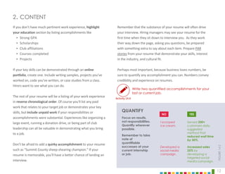 12
Remember that the substance of your resume will often drive
your interview. Hiring managers may see your resume for the
first time when they sit down to interview you. As they work
their way down the page, asking you questions, be prepared
with something extra to say about each item. Prepare PAR
stories from your resume that demonstrate your skills, interest
in the industry, and cultural fit.
Perhaps most important, because business loves numbers, be
sure to quantify any accomplishment you can. Numbers convey
credibility and experience on resumes.
If you don’t have much pertinent work experience, highlight
your education section by listing accomplishments like
‣ Strong GPA
‣ Scholarships
‣ Club affiliations
‣ Courses completed
‣ Projects
If your key skills can be demonstrated through an online
portfolio, create one. Include writing samples, projects you’ve
worked on, code you’ve written, or case studies from a class.
Hirers want to see what you can do.
The rest of your resume will be a listing of your work experience
in reverse chronological order. Of course you’ll list any paid
work that relates to your target job or demonstrates your key
skills, but include unpaid work if your responsibilities or
accomplishments were substantial. Experiences like organizing a
large event, running a donation drive, or being part of club
leadership can all be valuable in demonstrating what you bring
to a job.
Don’t be afraid to add a quirky accomplishment to your resume
such as “Summit County sheep-shearing champion.” If your
resume is memorable, you’ll have a better chance of landing an
interview.
2. CONTENT
QUANTIFY
Focus on results,
not responsibilities.
Quantify wherever
possible.
Remember to take
note of
quantifiable
successes at your
current internship
or job.
I scooped
ice cream.
Developed a
social media
campaign.
Write two quantified accomplishments for your
last or current job.
FIGURE
14.2
Increased sales
25% by
developing a
targeted social
media campaign.
Served 200+
customers daily,
suggested
method that
reduced wait time
by 50%.
YES
NO
Activity 14.4
 