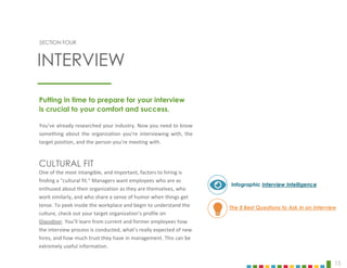 15
One of the most intangible, and important, factors to hiring is
finding a "cultural fit." Managers want employees who are as
enthused about their organization as they are themselves, who
work similarly, and who share a sense of humor when things get
tense. To peek inside the workplace and begin to understand the
culture, check out your target organization’s profile on
Glassdoor. You’ll learn from current and former employees how
the interview process is conducted, what’s really expected of new
hires, and how much trust they have in management. This can be
extremely useful information.
SECTION FOUR
You’ve already researched your industry. Now you need to know
something about the organization you’re interviewing with, the
target position, and the person you’re meeting with.
Putting in time to prepare for your interview
is crucial to your comfort and success.
Infographic Interview Intelligence
The 8 Best Questions to Ask in an Interview
INTERVIEW
CULTURAL FIT
 