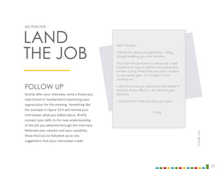 20
SECTION FIVE
FOLLOW UP
Shortly after your interview, write a thank-you
note (email or handwritten) expressing your
appreciation for the meeting. Something like
the example in Figure 14.4 will remind your
interviewer what you talked about. Briefly
connect your skills to the new understanding
of the job you obtained through the interview.
Reiterate your interest and your suitability.
Show that you’ve followed up on any
suggestions that your interviewer made.
LAND
THE JOB
FIGURE
14.4
Dear Michelle,
Thanks for seeing me yesterday. I really
enjoyed meeting you and the team.
The project for Suncast is intriguing! I keep
thinking of ways to address the distribution
problem using some of the new tools I studied
in my senior year. It’s a project I’d love
working on.
I read the article you mentioned and talked to
William Brown about it. He admires your
approach.
I look forward to hearing from you soon,
Tracy
 