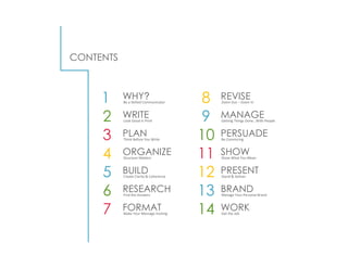 CONTENTS
2 WRITE
Look Good in Print
1 WHY?
Be a Skilled Communicator
3 PLAN
Think Before You Write
4 ORGANIZE
Structure Matters
5 BUILD
Create Clarity & Coherence
6 RESEARCH
Find the Answers
7 FORMAT
Make Your Message Inviting
9 MANAGE
Getting Things Done…With People
8 REVISE
Zoom Out – Zoom In
10 PERSUADE
Be Convincing
11 SHOW
Show What You Mean
12 PRESENT
Stand & Deliver
13 BRAND
Manage Your Personal Brand
14 WORK
Get the Job
 