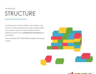 12
The human brain is wired to look for order, patterns, and
structure—chaotic and poorly structured messages quickly
lose a reader’s respect and interest. Make that brain
preference work for you by building clear frameworks into
your writing.
The next chapter (CH 4: ORGANIZE) will explore this process
in detail.
SECTION FOUR
STRUCTURE
 