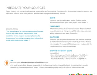 15
INTEGRATE YOUR SOURCES
Weave evidence into your writing by quoting, paraphrasing, and summarizing. These examples demonstrate integrating a source text
about price elasticity in the skiing industry. Avoid accidental plagiarism by learning this skill.
QUOTE
Holmgren and McCracken warn against “making pricing
decisions independent of the other players in the market.”1
PARAPHRASE
When setting prices, ski resorts must consider the prices of their
competitors since, as Holmgren and McCracken show, skiers are
willing to substitute one resort for another.1
SUMMARIZE
Holmgren and McCracken demonstrate how the close proximity
of Utah ski resorts increases price sensitivity for skiers.1 Because
skiers shop for the cheapest lift tickets, a resort must consider its
competitors’ prices when setting its own.
ENDNOTE FOR DIRECT QUOTE
If you use links, provide meaningful information as well.
Sources Cited:
1. Mark A. Holmgren and Vicki A. McCracken, “What Affects
Demand for ‘The Greatest Snow On Earth?’” Journal of
Hospitality Marketing & Management 23, no. 1 (2014): 18.
ORIGINAL ARTICLE
“The positive sign of all cross-price elasticities of demand
indicate that other resorts are considered to be
substitutes for the analyzed resort, emphasizing the
importance of not making pricing decisions independent
of the other players in the market.”1
LINK
In his book, Secrets of the Greatest Snow on Earth, Jim Steenburgh outlines three difficulties in forecasting Utah’s powder
conditions: (1) intervening mountain ranges, (2) steep, narrow topography, and (3) the effect of the Great Salt Lake.
 