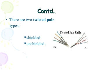 Contd..
• There are two twisted pair
types:
 shielded
 unshielded.

 