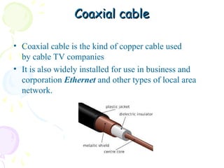 Coaxial cable
• Coaxial cable is the kind of copper cable used
by cable TV companies
• It is also widely installed for use in business and
corporation Ethernet and other types of local area
network.

 