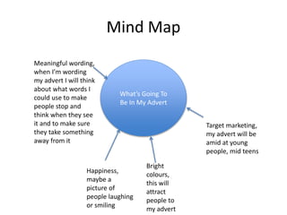 Mind Map
What’s Going To
Be In My Advert
Happiness,
maybe a
picture of
people laughing
or smiling
Bright
colours,
this will
attract
people to
my advert
Meaningful wording,
when I’m wording
my advert I will think
about what words I
could use to make
people stop and
think when they see
it and to make sure
they take something
away from it
Target marketing,
my advert will be
amid at young
people, mid teens
 