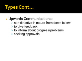 




Upwards Communications :
non directive in nature from down below
to give feedback
to inform about progress/problems
seeking approvals.
 