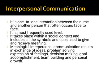 It is one -to -one interaction between the nurse
and another person that often occurs face to
face.
It is most frequently used level.
It takes place within a social context and
includes all the symbols and cues used to give
and receive meaning.
Meaningful interpersonal communication results
in exchange of ideas, problem solving
expression of feelings, decision making, goal
accomplishment, team building and personal
growth.
 