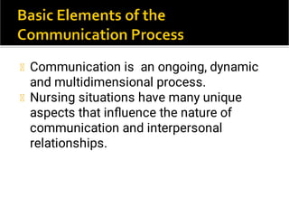 Communication is an ongoing, dynamic
and multidimensional process.
Nursing situations have many unique
aspects that inﬂuence the nature of
communication and interpersonal
relationships.
 