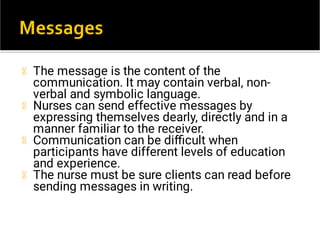 The message is the content of the
communication. It may contain verbal, non-
verbal and symbolic language.
Nurses can send effective messages by
expressing themselves dearly, directly and in a
manner familiar to the receiver.
Communication can be diﬃcult when
participants have different levels of education
and experience.
The nurse must be sure clients can read before
sending messages in writing.
 