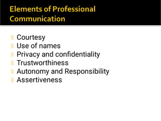 Courtesy
Use of names
Privacy and conﬁdentiality
Trustworthiness
Autonomy and Responsibility
Assertiveness
 