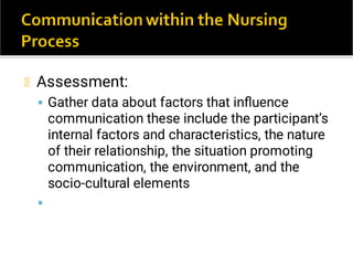 

Assessment:
Gather data about factors that inﬂuence
communication these include the participant’s
internal factors and characteristics, the nature
of their relationship, the situation promoting
communication, the environment, and the
socio-cultural elements
 