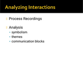 


Process Recordings
Analysis
symbolism
themes
communication blocks
 