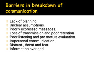 Lack of planning.
Unclear assumptions.
Poorly expressed messages.
Loss of transmission and poor retention
Poor listening and pre mature evaluation.
Impersonal communication.
Distrust , threat and fear.
Information overload.
 