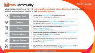 15
Vibrant ecosystem of more than 1.5 million professionals and citizen developers learning, getting
support, and succeeding together in their automation careers.
• Start with the free Community Edition to get trained and certified
• Then upgrade to the Enterprise version of the product
Academy
• Get crowdsourced support and share product feedback on UiPath Forum
• Check the product documentation
• Join the Insider Preview for early testing
Forum
Community Events
• Access the latest articles and video tutorial content created by community members and
UiPath engineers in our Community Blog
• Contribute as an author.
UiPath Community MVPs • Get recognized as a Most Valuable Professional (MVP), Automation Champion or one of
the Forum Leaders, based on the contribution to others’ growth
Join the UiPath Community
• Connect with like-minded people and share best practices with the UiPath Community
• Solve challenges in engaging hackathon competitions
• Join meetups and conferences
Blog and Tutorials
Automation Cloud
• Learn the skills of the future on UiPath Academy or through our Academic Alliance
• Earn globally recognized credentials with UiPath Certifications
 