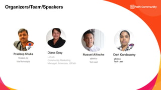 4
UiPath
Community Marketing
Manager, Americas, UiPath
Diana Gray
Organizers/Team/Speakers
qBotica
Tech Lead
Devi Kandasamy
 