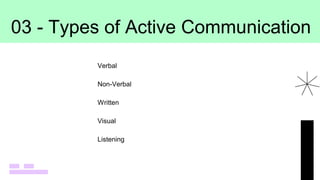 03 - Types of Active Communication
Verbal
Non-Verbal
Written
Visual
Listening
 