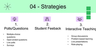 • Multiple-choice
questions
• Open-ended questions
• Live polls
• Surveys
1.
Polls/Questions
04 - Strategies
2.
Student Feeback
• Group discussions
• Problem-based learning
• Live presentations
• Role-playing
3.
Interactive Teaching
 