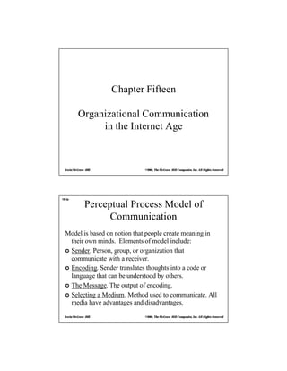 Irwin/McGraw-Hill ©2001, The McGraw-Hill Companies, Inc. All Rights Reserved
Chapter Fifteen
Organizational Communication
in the Internet Age
Irwin/McGraw-Hill ©2001, The McGraw-Hill Companies, Inc. All Rights Reserved
Perceptual Process Model of
Communication
Model is based on notion that people create meaning in
their own minds. Elements of model include:
µ Sender. Person, group, or organization that
communicate with a receiver.
µ Encoding. Sender translates thoughts into a code or
language that can be understood by others.
µ The Message. The output of encoding.
µ Selecting a Medium. Method used to communicate. All
media have advantages and disadvantages.
15-3a
 