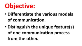 Objective:
• Differentiate the various models
of communication.
• Distinguish the unique feature(s)
of one communication process
from the other.
 