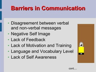 Barriers in Communication Disagreement between verbal and non-verbal messages Negative Self Image Lack of Feedback Lack of Motivation and Training Language and Vocabulary Level Lack of Self Awareness cont.... 