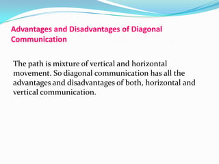 Advantages and Disadvantages of Diagonal
Communication
The path is mixture of vertical and horizontal
movement. So diagonal communication has all the
advantages and disadvantages of both, horizontal and
vertical communication.

 