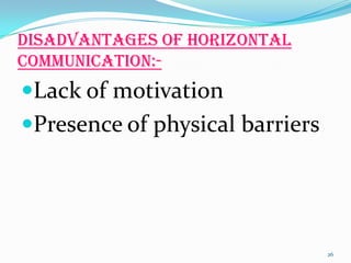 Disadvantages of horizontal
communication:-

Lack of motivation
Presence of physical barriers

26

 