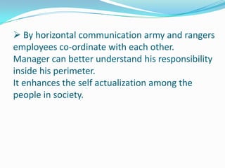  By horizontal communication army and rangers
employees co-ordinate with each other.
Manager can better understand his responsibility
inside his perimeter.
It enhances the self actualization among the
people in society.

 