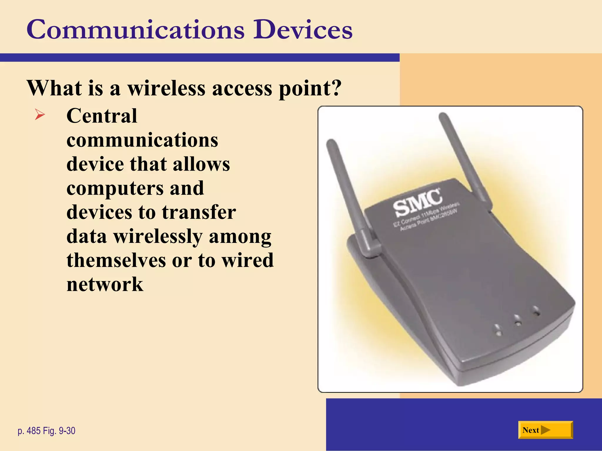 Communications Devices
What is a wireless access point?
Nextp. 485 Fig. 9-30
 Central
communications
device that allows
computers and
devices to transfer
data wirelessly among
themselves or to wired
network
 