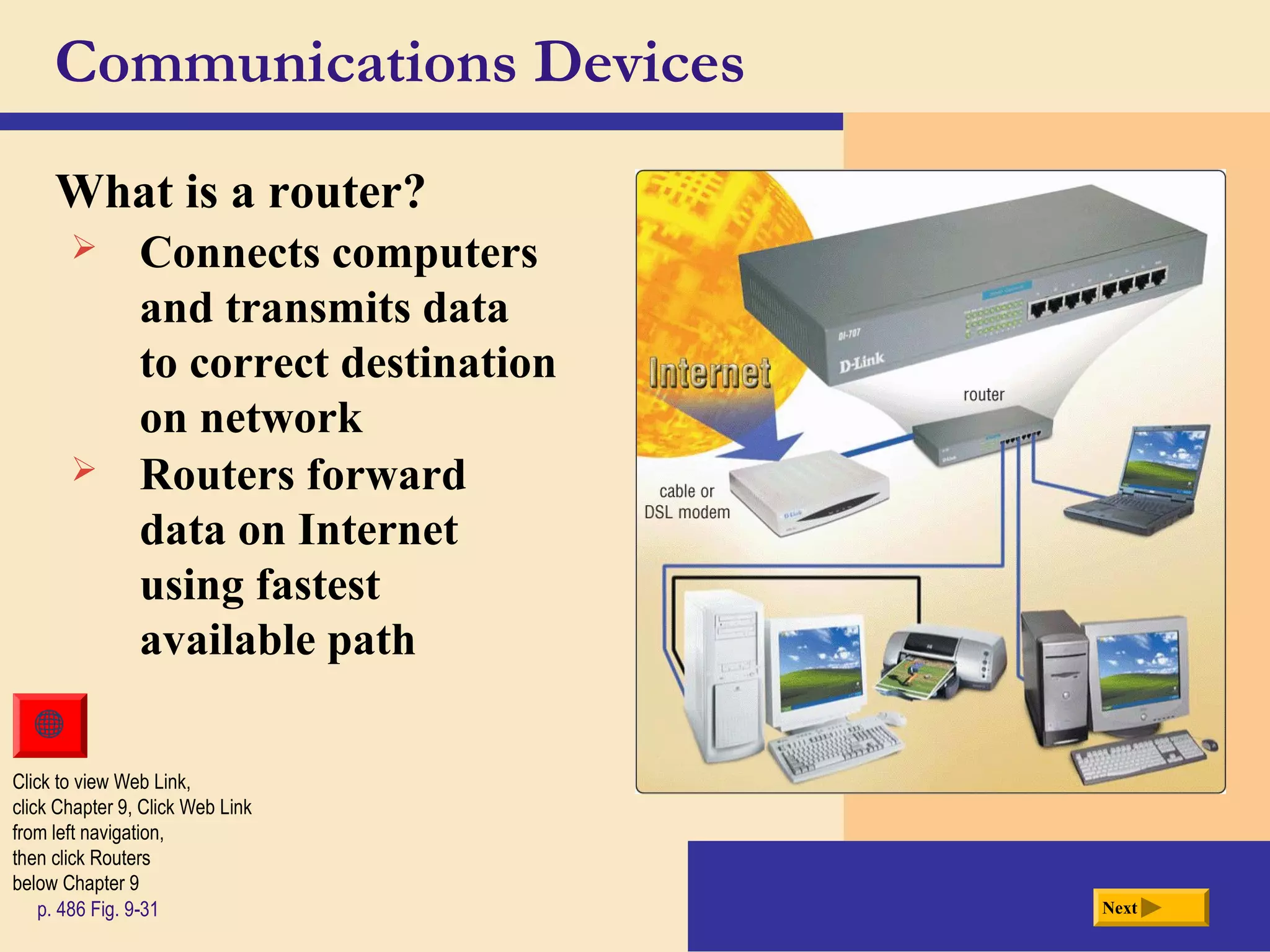 Communications Devices
What is a router?
Nextp. 486 Fig. 9-31
Click to view Web Link,
click Chapter 9, Click Web Link
from left navigation,
then click Routers
below Chapter 9
 Connects computers
and transmits data
to correct destination
on network
 Routers forward
data on Internet
using fastest
available path
 