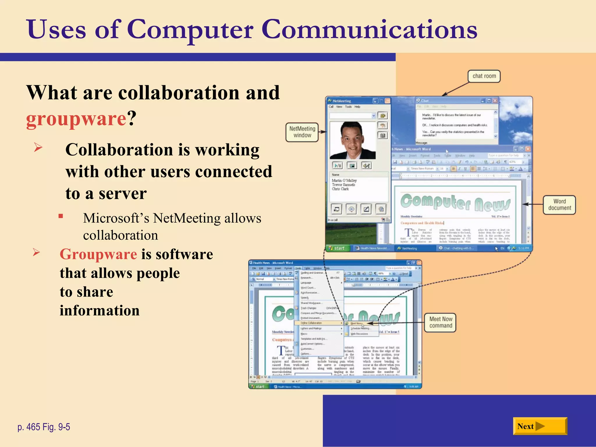 Uses of Computer Communications
What are collaboration and
groupware?
Nextp. 465 Fig. 9-5
 Microsoft’s NetMeeting allows
collaboration
 Groupware is software
that allows people
to share
information
 Collaboration is working
with other users connected
to a server
 