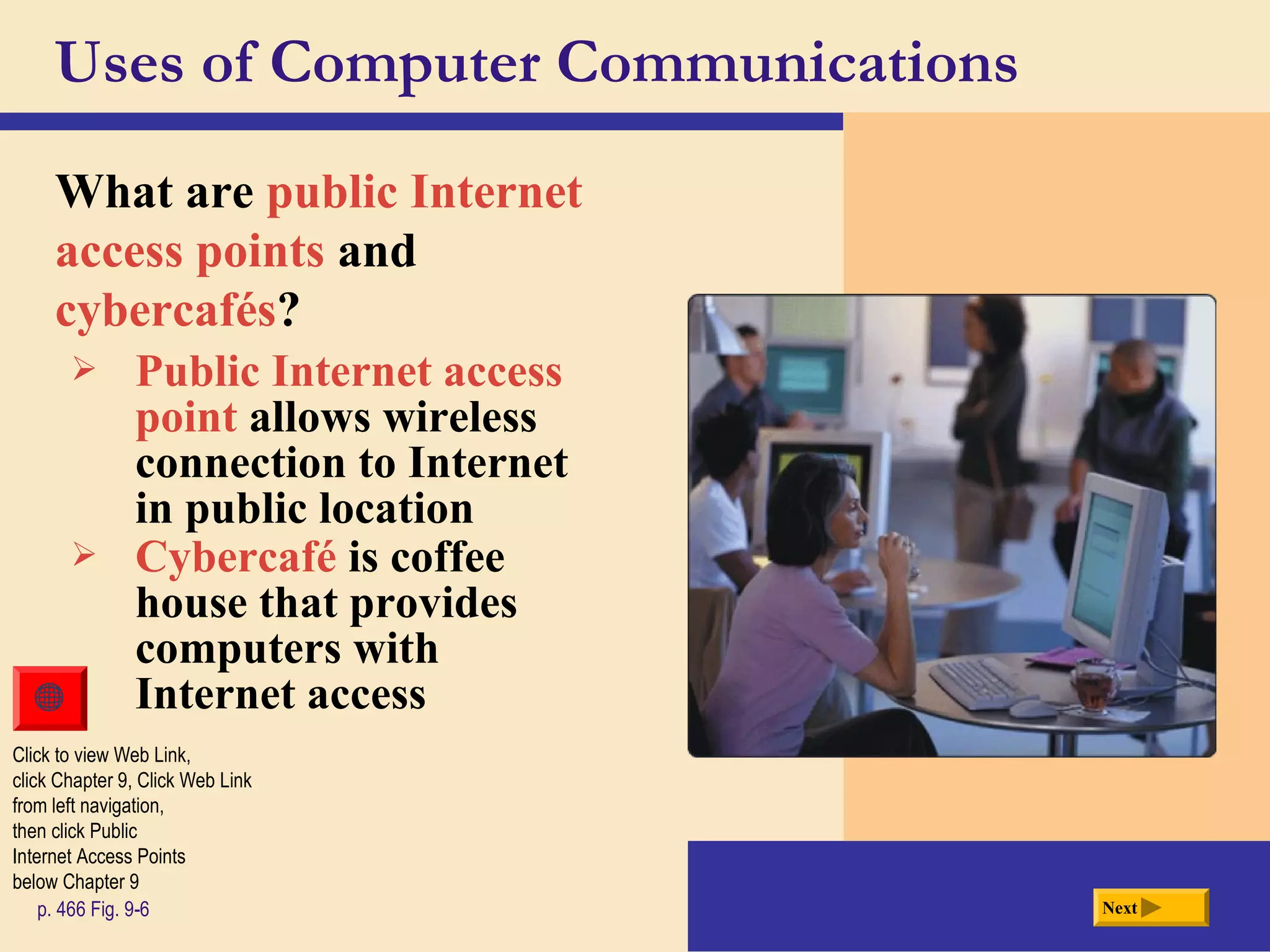Uses of Computer Communications
What are public Internet
access points and
cybercafés?
Nextp. 466 Fig. 9-6
Click to view Web Link,
click Chapter 9, Click Web Link
from left navigation,
then click Public
Internet Access Points
below Chapter 9
 Public Internet access
point allows wireless
connection to Internet
in public location
 Cybercafé is coffee
house that provides
computers with
Internet access
 