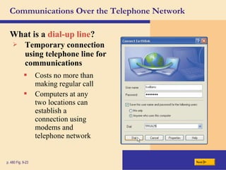 Communications Over the Telephone Network
What is a dial-up line?
Nextp. 480 Fig. 9-23
 Temporary connection
using telephone line for
communications
 Costs no more than
making regular call
 Computers at any
two locations can
establish a
connection using
modems and
telephone network
 