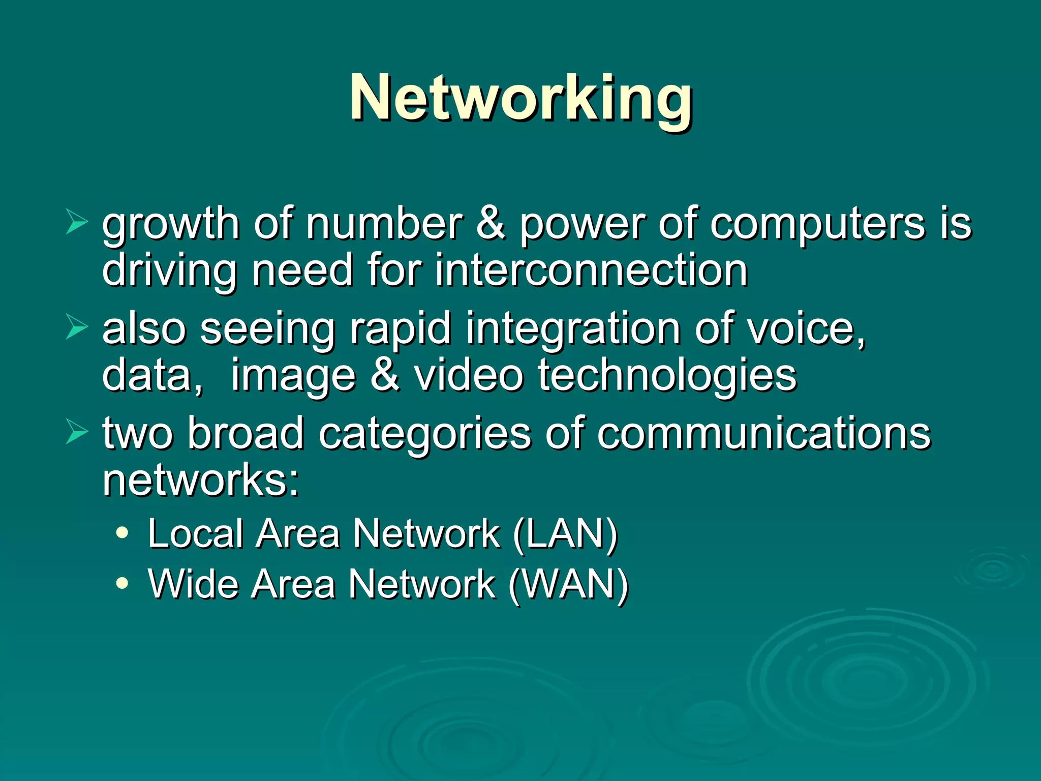 Networking growth of number & power of computers is driving need for interconnection also seeing rapid integration of voice, data,  image & video technologies two broad categories of communications networks: Local Area Network (LAN) Wide Area Network (WAN) 