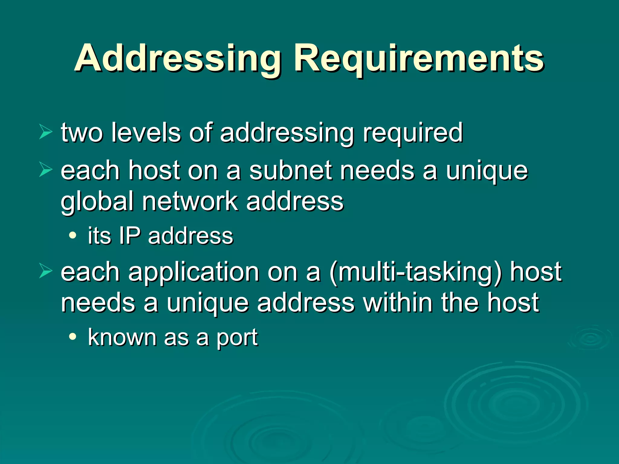 Addressing Requirements two levels of addressing required each host on a subnet needs a unique global network address its IP address each application on a (multi-tasking) host needs a unique address within the host known as a port 