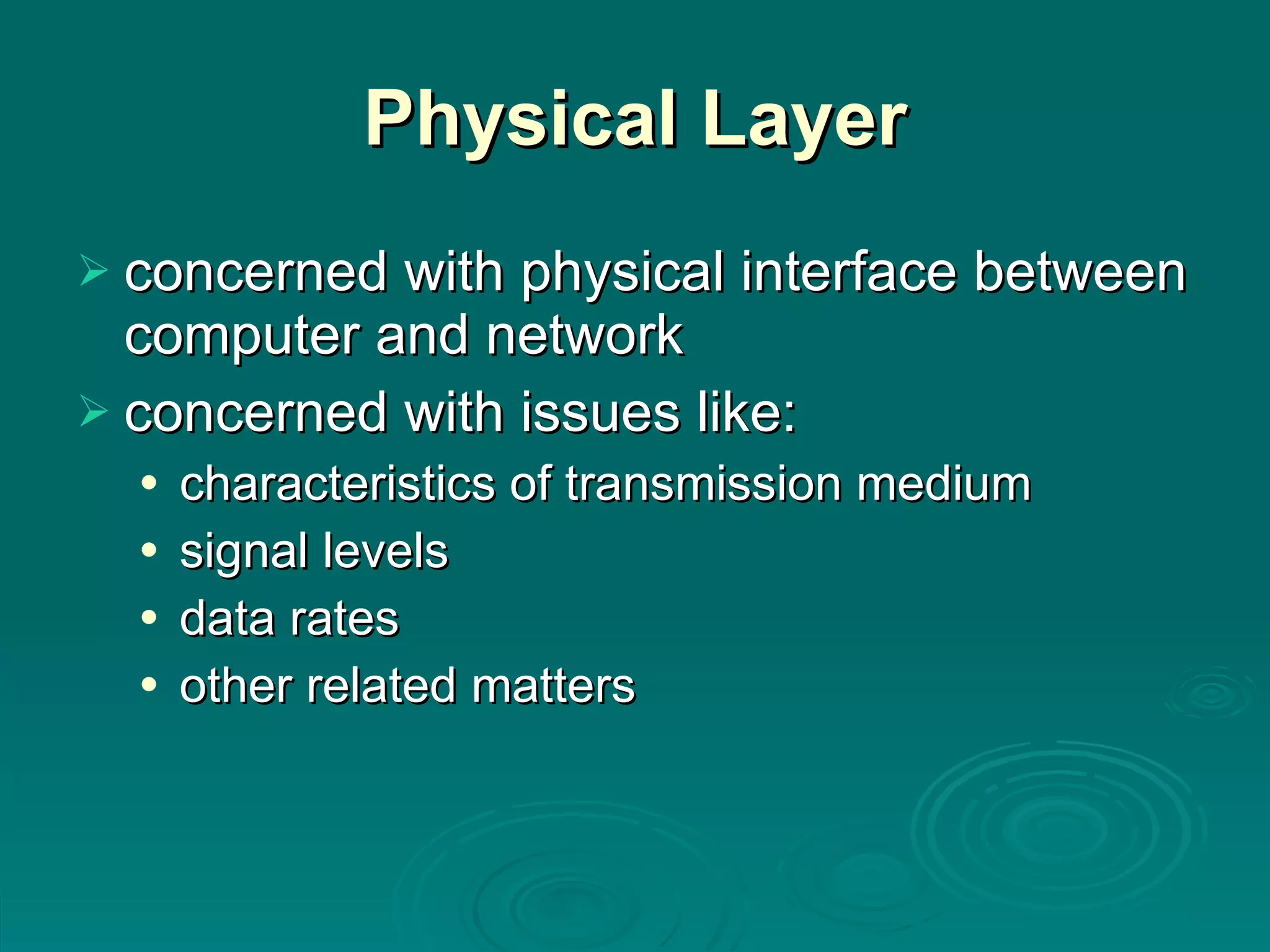 Physical Layer concerned with physical interface between computer and network concerned with issues like: characteristics of transmission medium signal levels data rates other related matters 