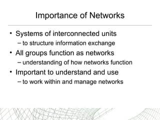 Importance of Networks Systems of interconnected units to structure information exchange All groups function as networks understanding of how networks function Important to understand and use to work within and manage networks 