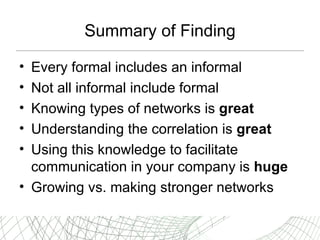 Summary of Finding Every formal includes an informal Not all informal include formal Knowing types of networks is  great Understanding the correlation is  great Using this knowledge to facilitate communication in your company is  huge Growing vs. making stronger networks 