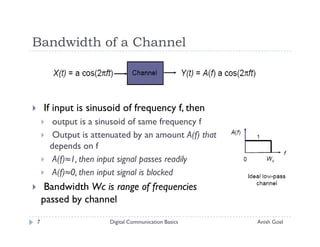 Bandwidth of a Channel



    If input is sinusoid of frequency f, then
       output is a sinusoid of same frequency f
       Output is attenuated by an amount A(f) that
      depends on f
       A(f)≈1, then input signal passes readily
       A(f)≈0, then input signal is blocked
     Bandwidth Wc is range of frequencies
    passed by channel

7                    Digital Communication Basics    Anish Goel
 