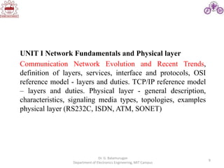 9
UNIT I Network Fundamentals and Physical layer
Communication Network Evolution and Recent Trends,
definition of layers, services, interface and protocols, OSI
reference model - layers and duties. TCP/IP reference model
– layers and duties. Physical layer - general description,
characteristics, signaling media types, topologies, examples
physical layer (RS232C, ISDN, ATM, SONET)
Dr. G. Balamurugan
Department of Electronics Engineering, MIT Campus
 