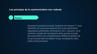Besoins
Les principes de la communication non violente
Se poser la question ensuite “Quel est mon besoin ?”, pour
l’identiﬁer et surtout les besoins liés à ses sentiments
(aspirations profondes, motivations, etc.). Souvent, nous
sommes coupés de nos besoins alors que les écouter
peut permettre une compréhension différente parfois de
ce qui se joue dans la relation et par conséquent, donc
notre communication.
 