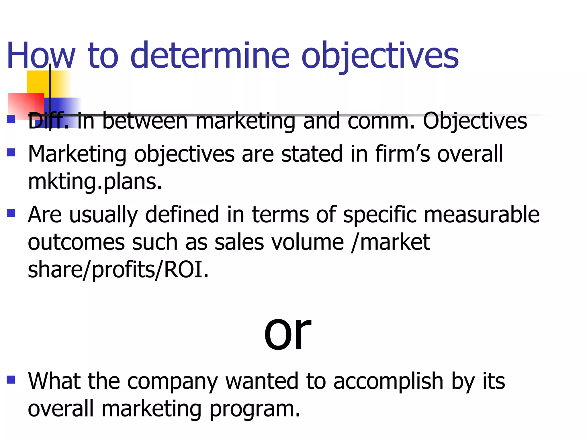 How to determine objectives Diff. in between marketing and comm. Objectives  Marketing objectives are stated in firm’s overall mkting.plans. Are usually defined in terms of specific measurable outcomes such as sales volume /market share/profits/ROI.  or What the company wanted to accomplish by its overall marketing program. 