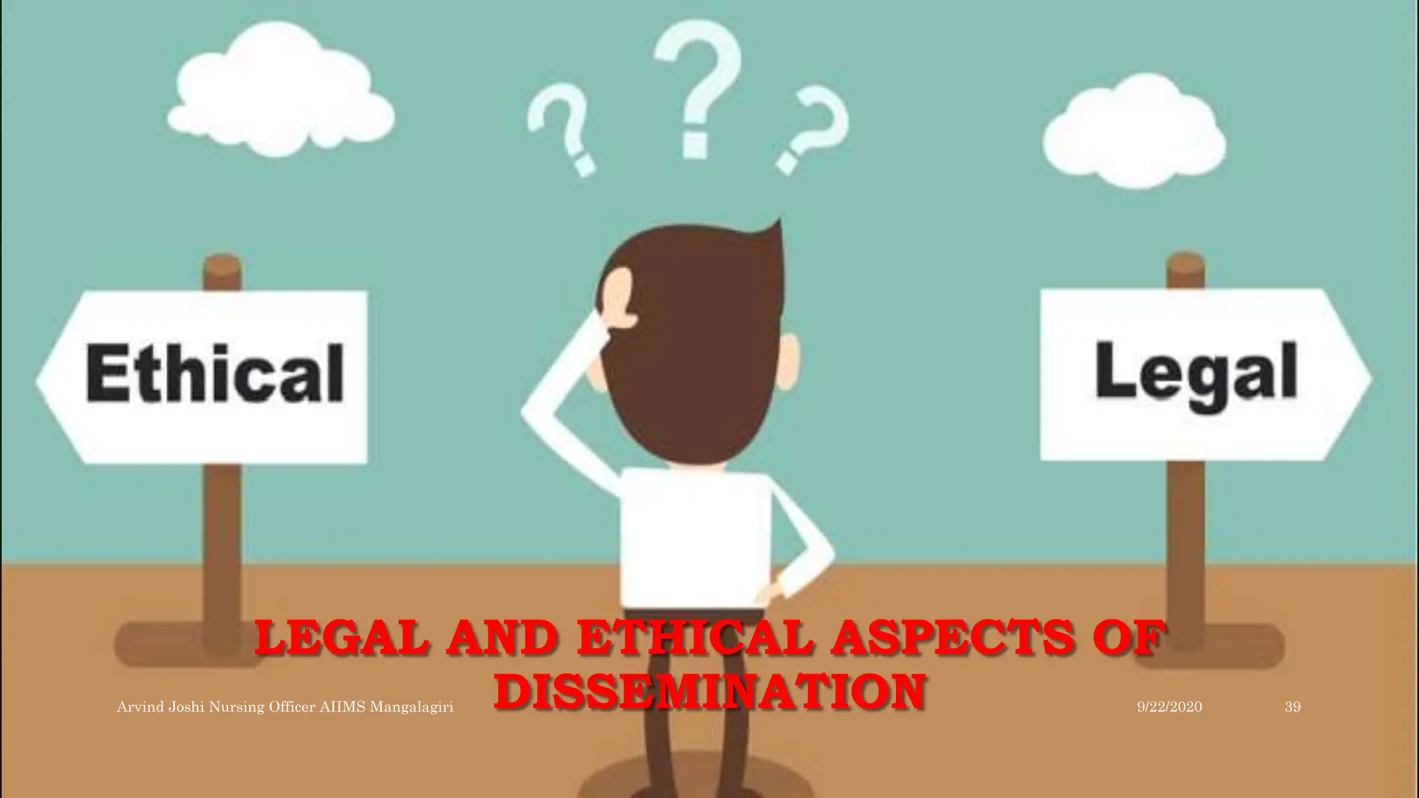 LEGAL AND ETHICAL ASPECTS OF
DISSEMINATION 9/22/2020
Arvind Joshi Nursing Officer AIIMS Mangalagiri 39
 