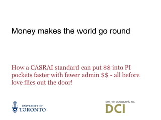 Money makes the world go round
How a CASRAI standard can put $$ into PI
pockets faster with fewer admin $$ - all before
love flies out the door!
 