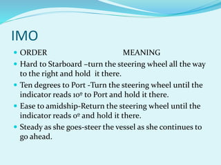 IMO
 ORDER MEANING
 Hard to Starboard –turn the steering wheel all the way
to the right and hold it there.
 Ten degrees to Port -Turn the steering wheel until the
indicator reads 10º to Port and hold it there.
 Ease to amidship-Return the steering wheel until the
indicator reads 0º and hold it there.
 Steady as she goes-steer the vessel as she continues to
go ahead.
 