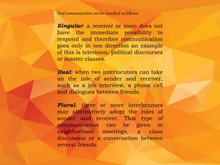 Oral communication can be classified as follows:
Singular: a receiver or more does not
have the immediate possibility to
respond and therefore communication
goes only in one direction an example
of this is television, political discourses
or master classes.
Dual: when two interlocutors can take
on the role of sender and receiver,
such as a job interview, a phone call
and dialogues between friends.
Plural: three or more interlocutors
may alternatively adopt the roles of
sender and receiver. This type of
communication can be given in
neighborhood meetings, a class
discussion or a conversation between
several friends.
 