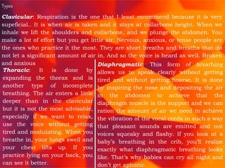 Types
Clavicular: Respiration is the one that I least recommend because it is very
supeficial.. It is when air is taken and it stays at collarbone height. When we
inhale we lift the shoulders and collarbone, and we plunge the abdomen. You
make a lot of effort but you get little air. Nervous, anxious, or tense people are
the ones who practice it the most. They are short breaths and breaths that do
not let a significant amount of air in. And so the voice is heard as well. Broken
and anxious
Thoracic: It is done by
expanding the thorax and is
another type of incomplete
breathing. The air enters a little
deeper than in the clavicular
but it is not the most advisable,
especially if we want to relax,
use the voice without getting
tired and modulating. When you
breathe in, your lungs swell and
your chest lifts up. If you
practice lying on your back, you
can see it better.
Diaphragmatic: This form of breathing
allows us to speak clearly without getting
tired and without getting hoarse. It is done
by inspiring the nose and depositing the air
in the abdomen to achieve that the
diaphragm muscle is the support and we can
ration the amount of air we need to achieve
the vibration of the vocal cords in such a way
that pleasant sounds are emitted and not
voices squeaky and flashy. If you look at a
baby’s breathing in the crib, you’ll realize
exactly what diaphragmatic breathing looks
like. That’s why babies can cry all night and
don’t get aphonic.
 