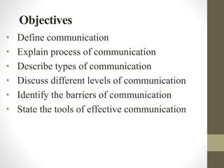 Objectives
• Define communication
• Explain process of communication
• Describe types of communication
• Discuss different levels of communication
• Identify the barriers of communication
• State the tools of effective communication
 