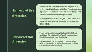 z
▪ Characterized by interactions that emphasize a
uniformity of beliefs and attitudes. Their interactions
typically focus on harmony, conflict avoidance, and
the interdependence of family members.
▪ In intergenerational exchanges, communication in
these families reflects obedience to parents and
other adults.
▪ Focus on heterogeneous attitudes and beliefs, as
well as on the individuality of family members and
their independence from their family.
▪ In intergenerational exchanges, communication
reflects the equality of all family members (children
involved in decision making.)
 