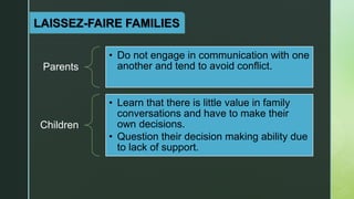 LAISSEZ-FAIRE FAMILIES
Parents
• Do not engage in communication with one
another and tend to avoid conflict.
Children
• Learn that there is little value in family
conversations and have to make their
own decisions.
• Question their decision making ability due
to lack of support.
 